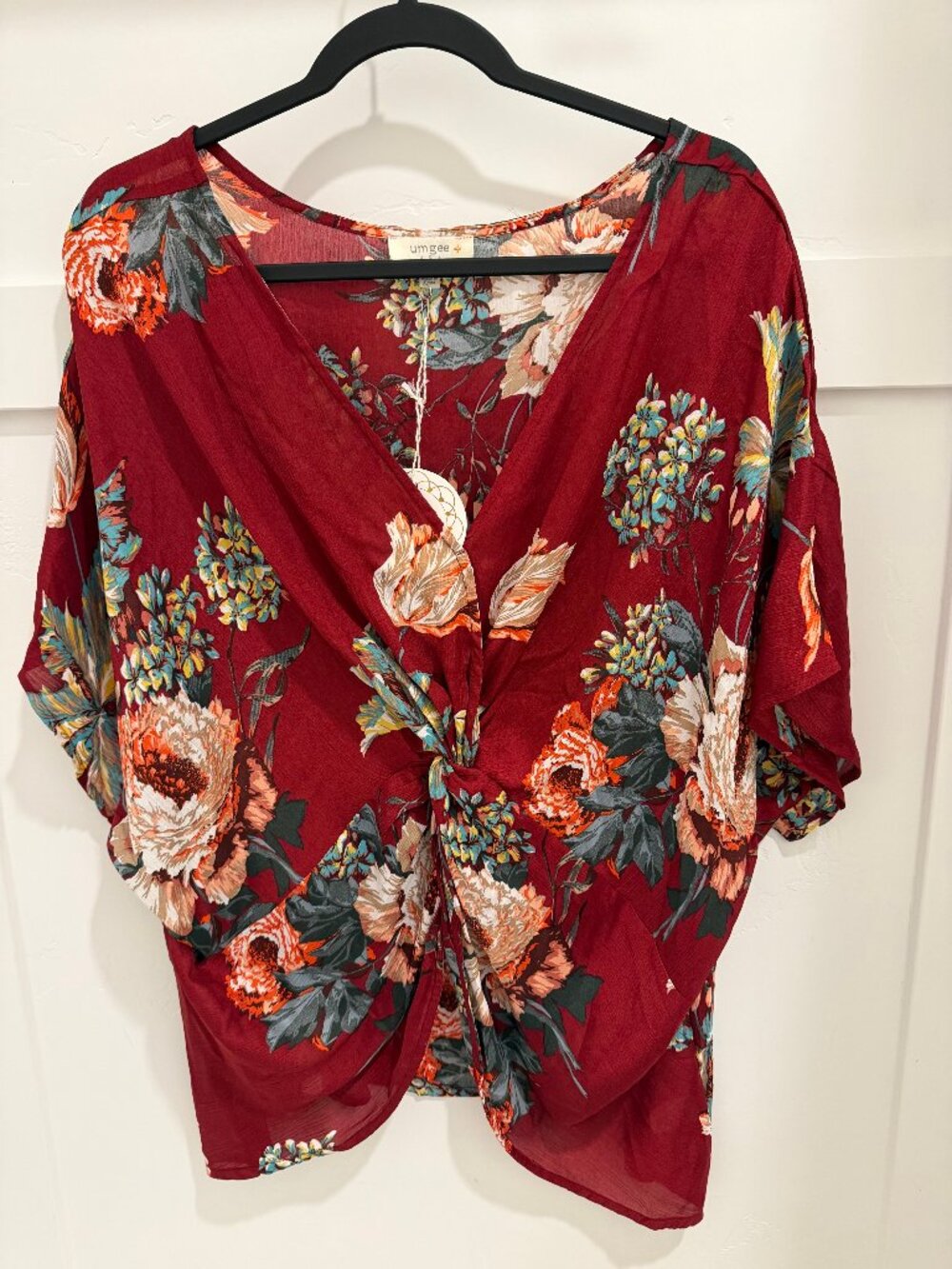 Umgee Plus Size 1XL Red Floral Kimono Blouse NWT Boho Tie Front Top